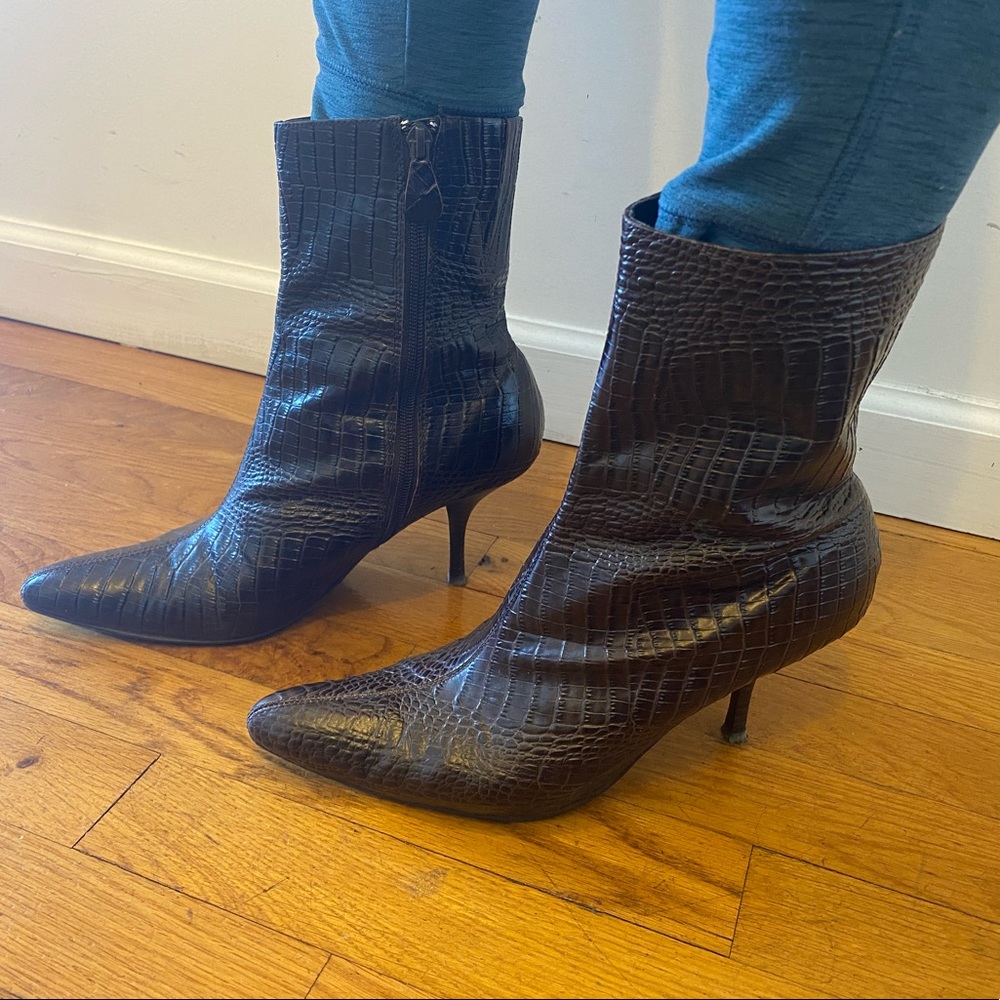 Brown Croc Booties With Kitten Heel